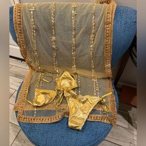 Gold Bikini Set with beautifully matched wrap with beaded gems. Small